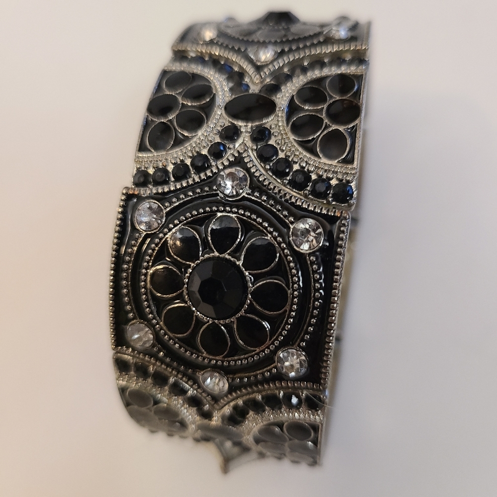 Black and Silver Stretch Cuff Bracelet
